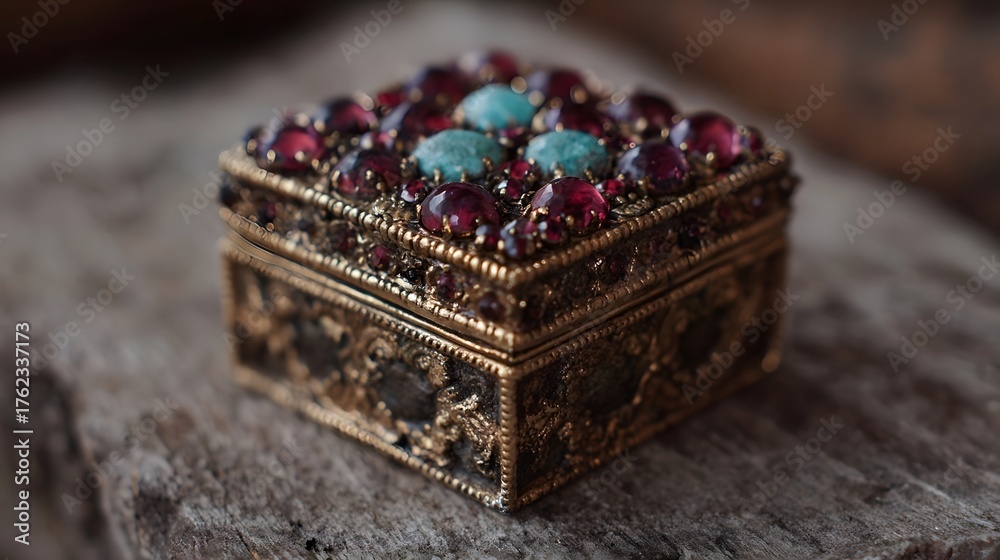 Obraz premium Exquisite ornate golden box with red and turquoise gemstones on rustic wood