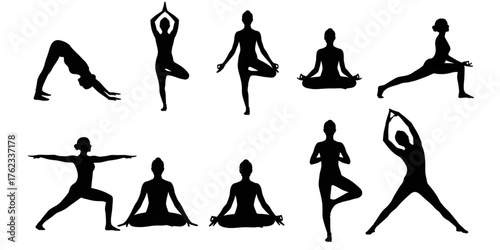 A collection of female silhouettes in different classic yoga poses for fitness and wellness concepts.
