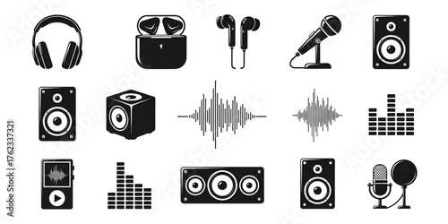 A collection of audio and music equipment icons for sound and entertainment concepts.
