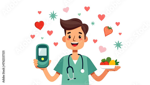 a person holding a blood sugar checker and fruit,  concept awareness World Diabetes Day