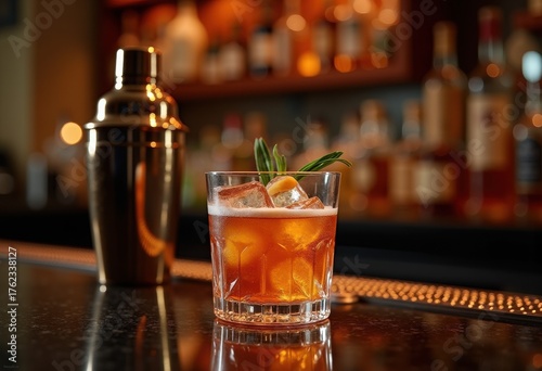 Classic Cocktail Shaker on Polished Bar Reflecting Light with Luxurious Liquor Bottles