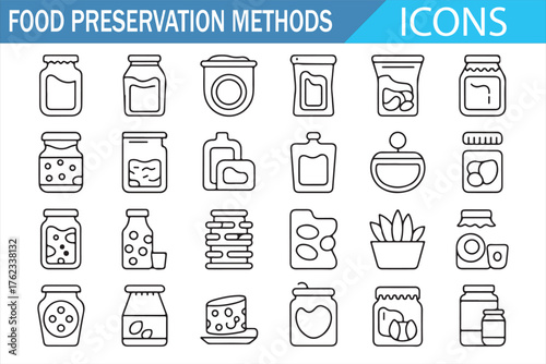 Clean minimalistic icons showing steps of food preservation and long-term storage