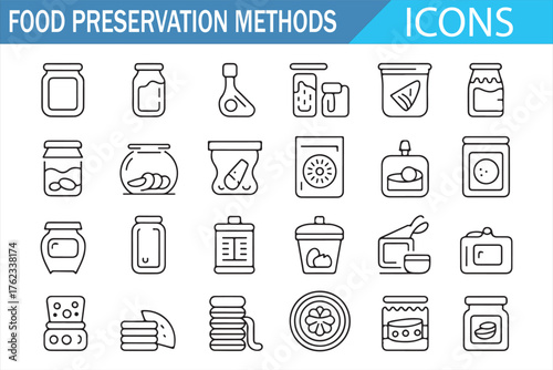 Infographic icon pack of food preservation techniques and storage containers