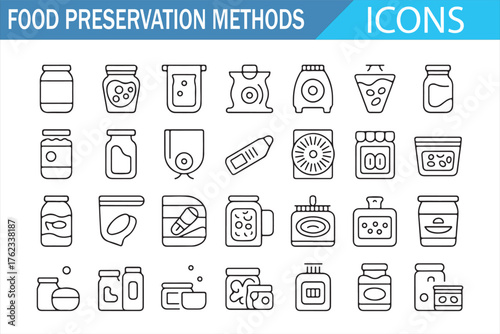 Modern outline illustration showing food storage methods and kitchen preservation tools