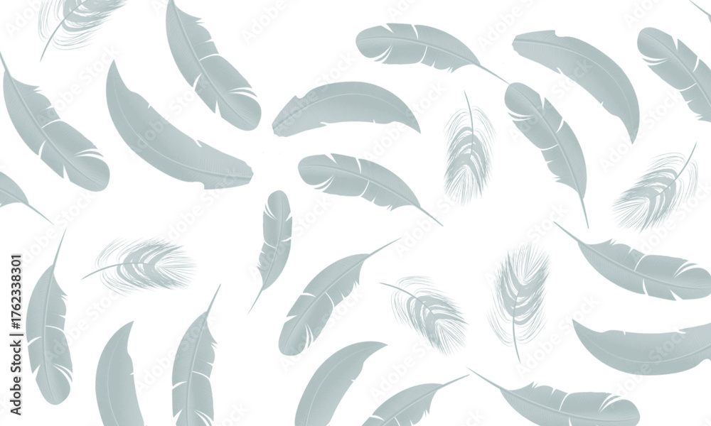 Fototapeta premium Elegant pattern of light blue feathers on a dark black background