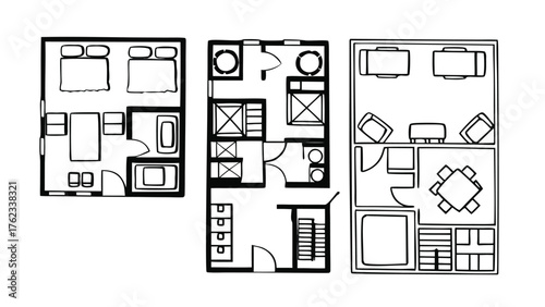 Home Interior Design CAD Drawings. Top View Outline Vector Furniture and Floor Plan Elements for Architecture Projects