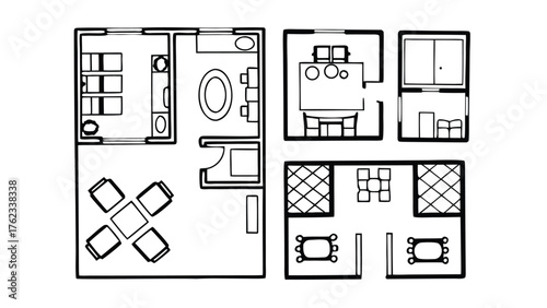 Home Interior Design CAD Drawings. Top View Outline Vector Furniture and Floor Plan Elements for Architecture Projects