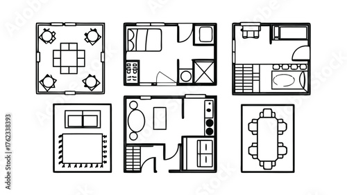 Home Interior Design CAD Drawings. Top View Outline Vector Furniture and Floor Plan Elements for Architecture Projects