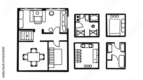 Home Interior Design CAD Drawings. Top View Outline Vector Furniture and Floor Plan Elements for Architecture Projects