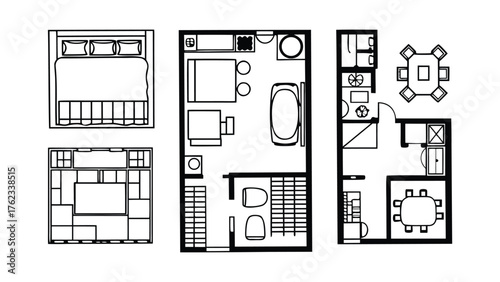 Home Interior Design CAD Drawings. Top View Outline Vector Furniture and Floor Plan Elements for Architecture Projects