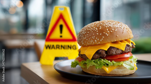 Obesity epidemic in fast-food culture, oversized portions and sedentary lifestyles, health campaigns promoting exercise, cautionary illustration with bold warnings, contemporary st