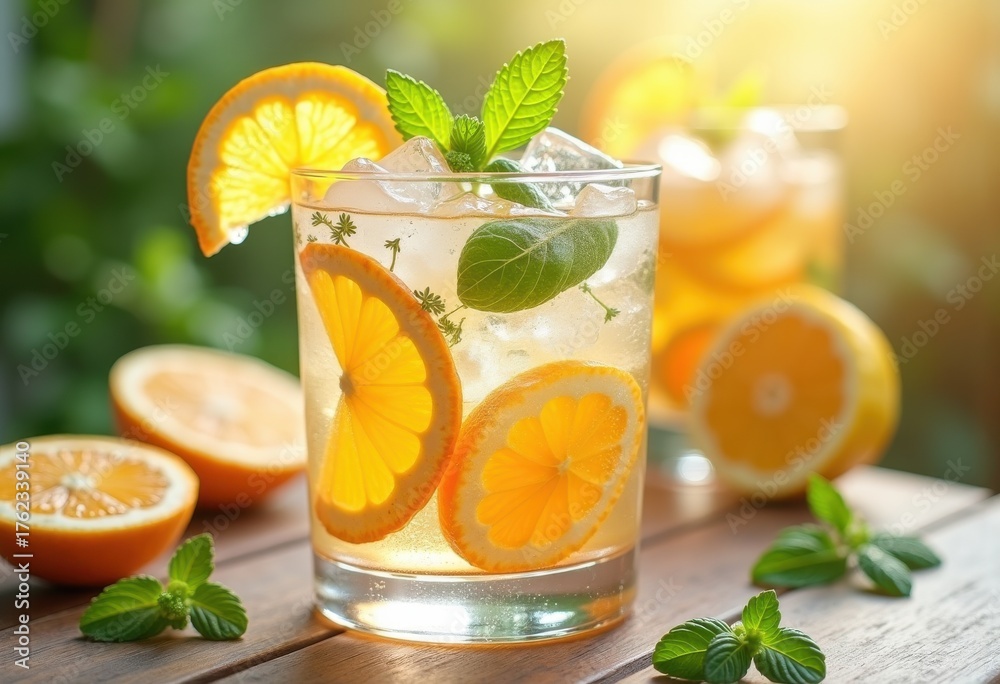 Fototapeta premium Refreshing Chilled Citrus Herb Drink in Elegant Glassware with Vibrant Fresh Accents and Natural Light