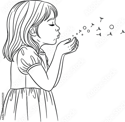 A young girl with closed eyes and rosy cheeks blows dandelion seeds into the wind with a gentle breeze