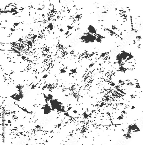 Black and white distressed grunge overlay texture. Abstract worn surface with scattered spots, scratches, and a heavy gritty effect.