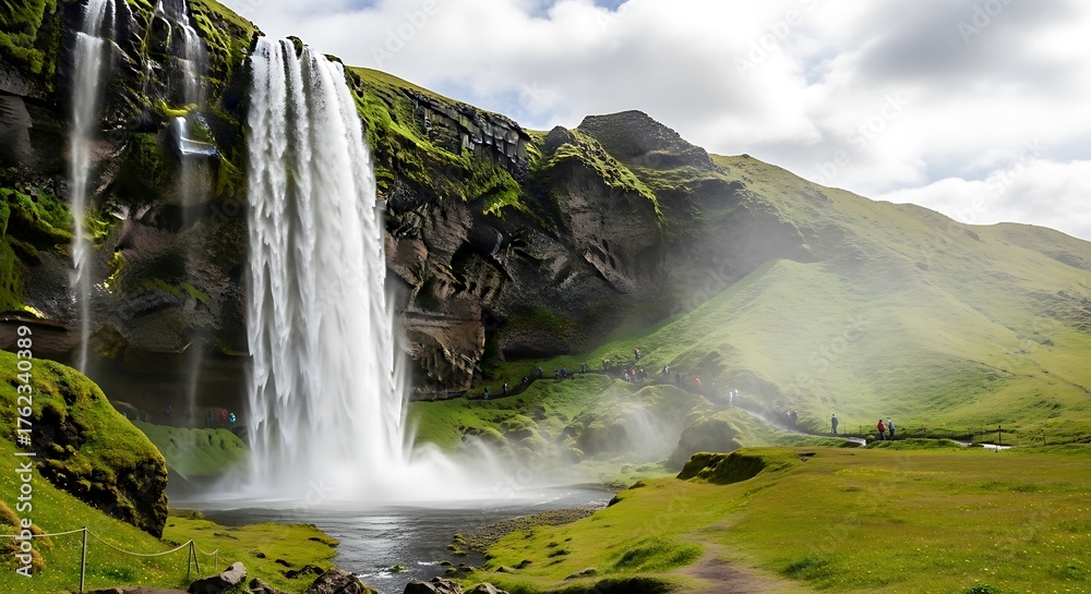 Obraz premium Majestic Waterfall Cascading Down Mossy Cliffs.