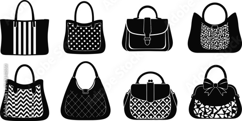 Collection of eight diverse black and white silhouette fashion handbags with various patterns and styles
