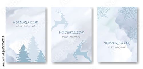 Set of winter watercolor backgrounds with deer, snowflakes and pine trees, soft blue abstract holiday design, elegant frosty texture for Christmas, New Year and seasonal greeting card decoration