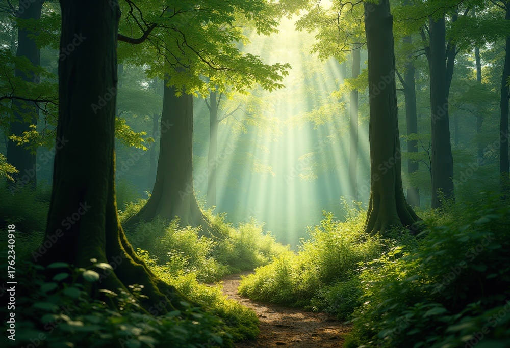 Obraz premium Enchanting Lush Forest Sunlight Rays Illuminating Vibrant Green Canopy Nature Beauty