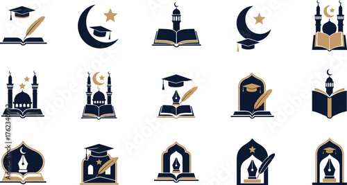 Collection of islamic education and knowledge icons featuring books mosques graduation caps and quill pens