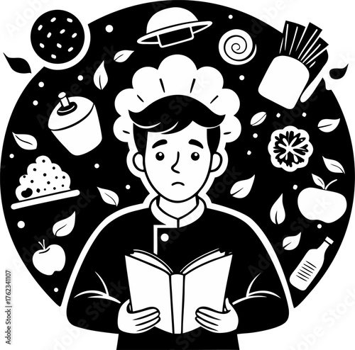  Man looking confused with a cookbook and ingredients all around silhouette  vector black , white background  