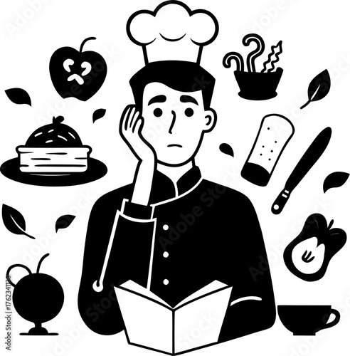  Man looking confused with a cookbook and ingredients all around silhouette  vector black , white background  