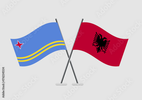 Aruba and Albania vector flags with realistic waving appearance