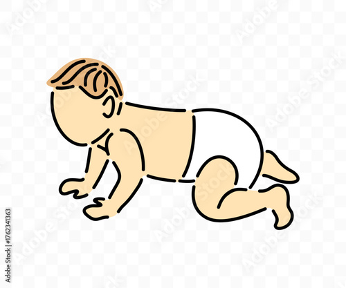 Baby in diapers crawling, side view, graphic design. Infant in nappy, toddler, childhood, children, vector design and illustration
