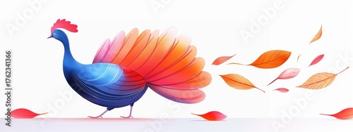 Thanksgiving Turkey Strolling Through a Colorful Autumn Field With Falling Leaves in a Whimsical Watercolor Scene