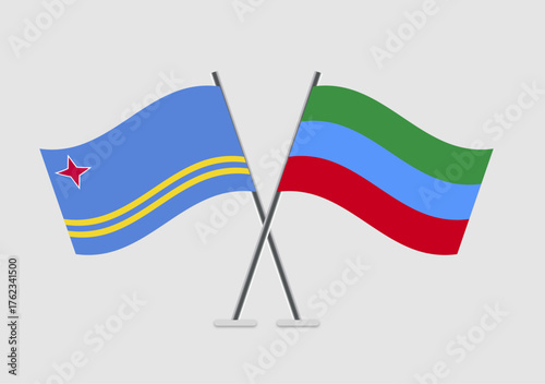Aruba and Dagestan vector flags set on plain backdrop
