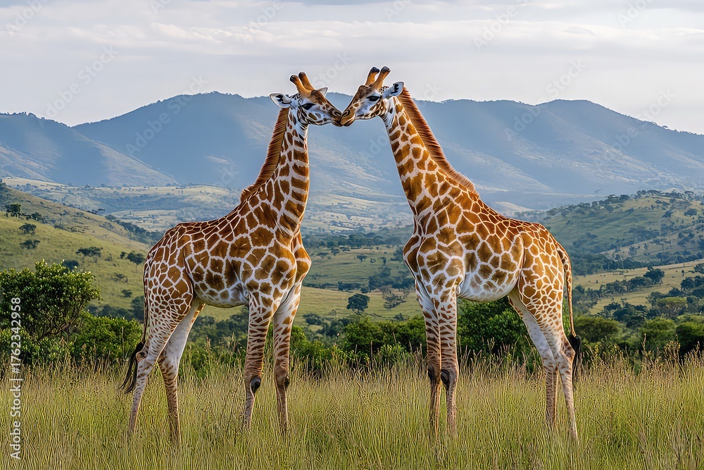 Fototapeta premium Giraffes necking in African savannah, clean photography, high detailed
