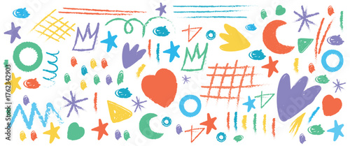 Collection fun doodle shapes drawn with colorful charcoal or chalk. Hand drawn childish style multi colored figures: crowns, grid, dots, squiggles and stars. Set of marker scribbles and fairy shapes