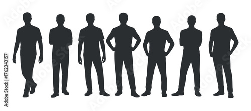 Diverse Group of Men Silhouettes Standing in Various Poses, Isolated on Transparent Canvas