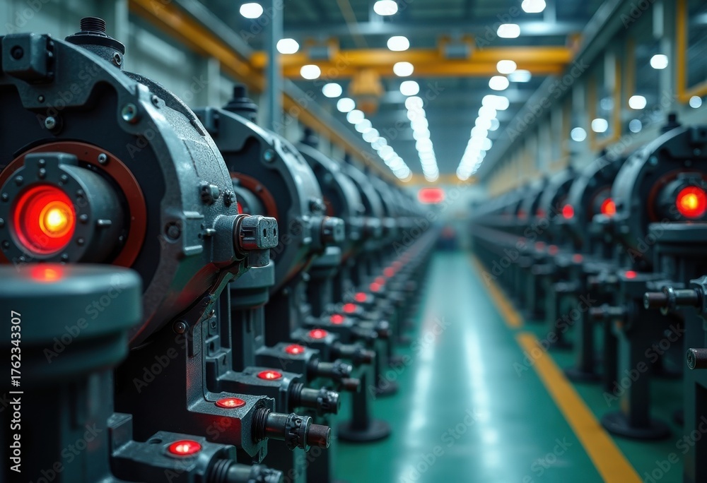 Fototapeta premium Robust Industrial Factory Equipment Featuring Advanced Predictive Maintenance Sensors Surrounded by Connecting Infrastructure and Assembly Line Dynamics