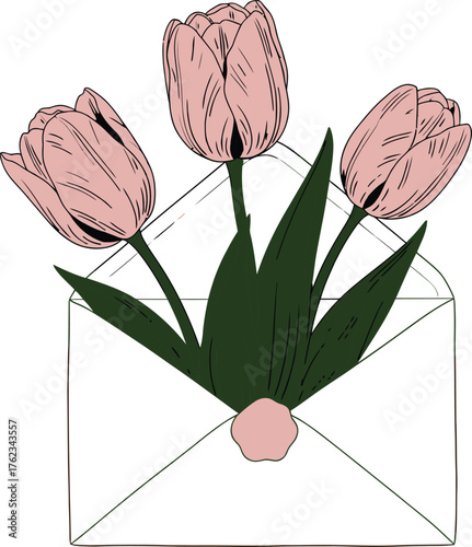 Delicate pink tulips emerging from a vintage envelope sealed with a wax stamp
