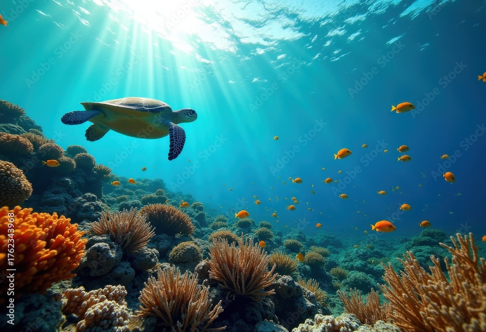 Obraz premium Vibrant Coral Reef Underwater Ecosystem Marine Life Colorful Fishes Sea Turtle Biodiversity