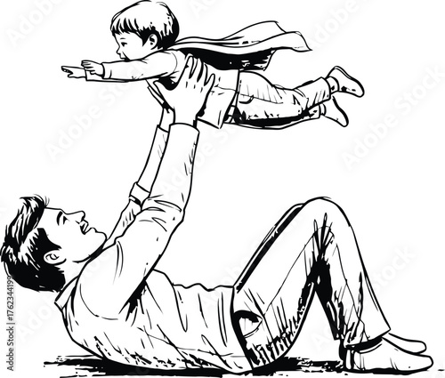 Father joyfully throws his child dressed as a superhero into the air celebrating imagination and family bonding