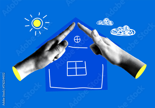 Home insurance concept. Halftone hands forming a house. Property protection. Taking out a home loan. Mortgage concept. Modern collage. Family protection