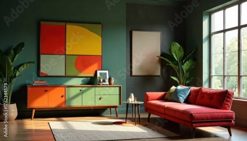 Mid century modern living room, featuring geometric patterns, atomic age furniture, and abstract art, embodying 1960s style. A stylish mid century modern living room from the 1960s. The room features