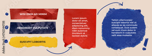 Text boxes made from torn paper. Design elements for presentation with copy space. Empty design template. Frames for text from pieces of colored paper