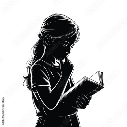 Silhouette Illustration of Girl Reading Book in Monochrome, Pondering Story, Education Concept