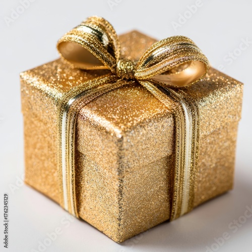 Golden glitter gift box with sparkling ribbon in festive wrapping