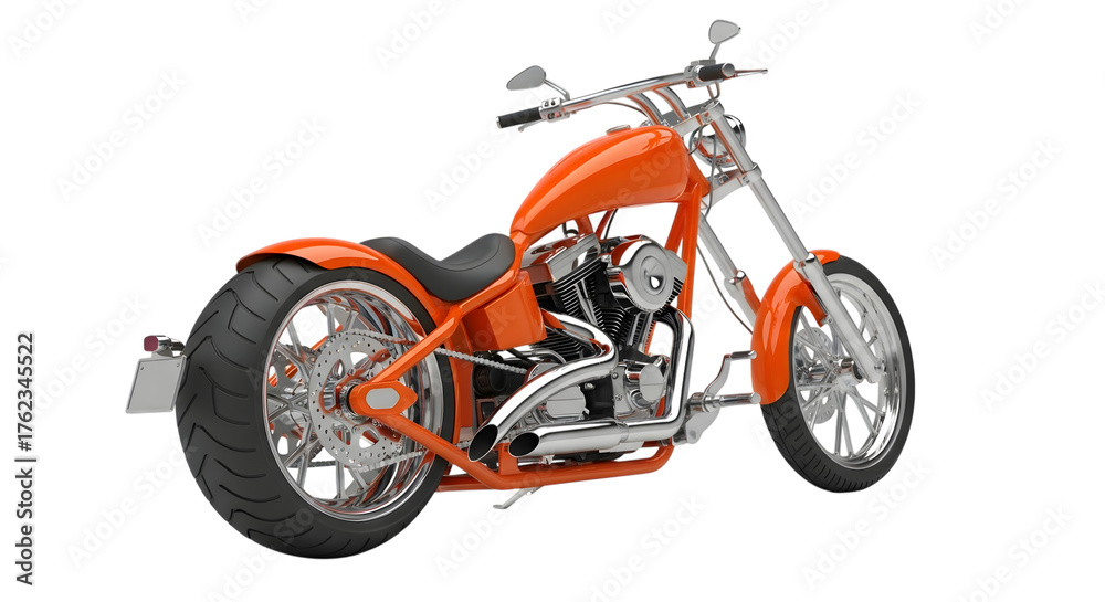Obraz premium A vibrant orange custom chopper motorcycle with chrome accents and intricate engine details isolated on transparent background
