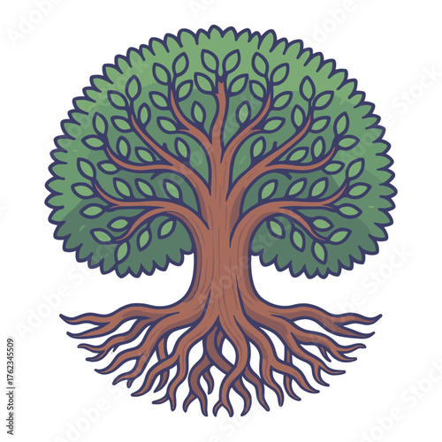 Cute illustration of the Tree of Life, featuring a round green canopy and strong, visible roots on a solid background