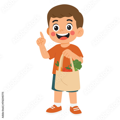 Boy with vegetable bag pointing up, promoting healthy eating. Suitable for food blogs, educational materials, and agriculture campaigns