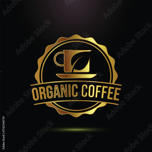 Organic Coffee Emblem Golden Logo Circle Badge Sign Beverage Hot Drink Cafe Restaurant Decor
