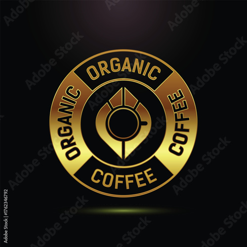 Organic Coffee Emblem Golden Logo Circle Badge Sign Beverage Hot Drink Cafe Restaurant Art