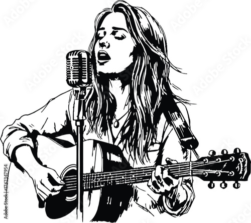 Young woman singing passionately while playing an acoustic guitar into a vintage microphone