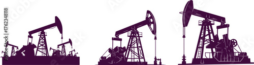 Multiple oil pump jack silhouettes in a landscape on a white background Keywords: oil pump jack, silhouette, industrial, machinery