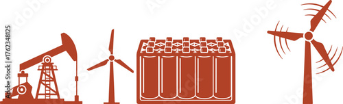 Oil pump jack wind turbines and battery energy storage system icons Keywords: oil pump jack, wind turbine, battery, energy