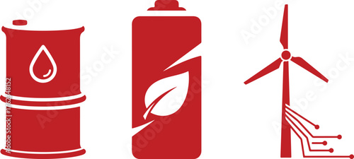 Red icons of oil barrel battery with leaf and wind turbine with circuits on white background